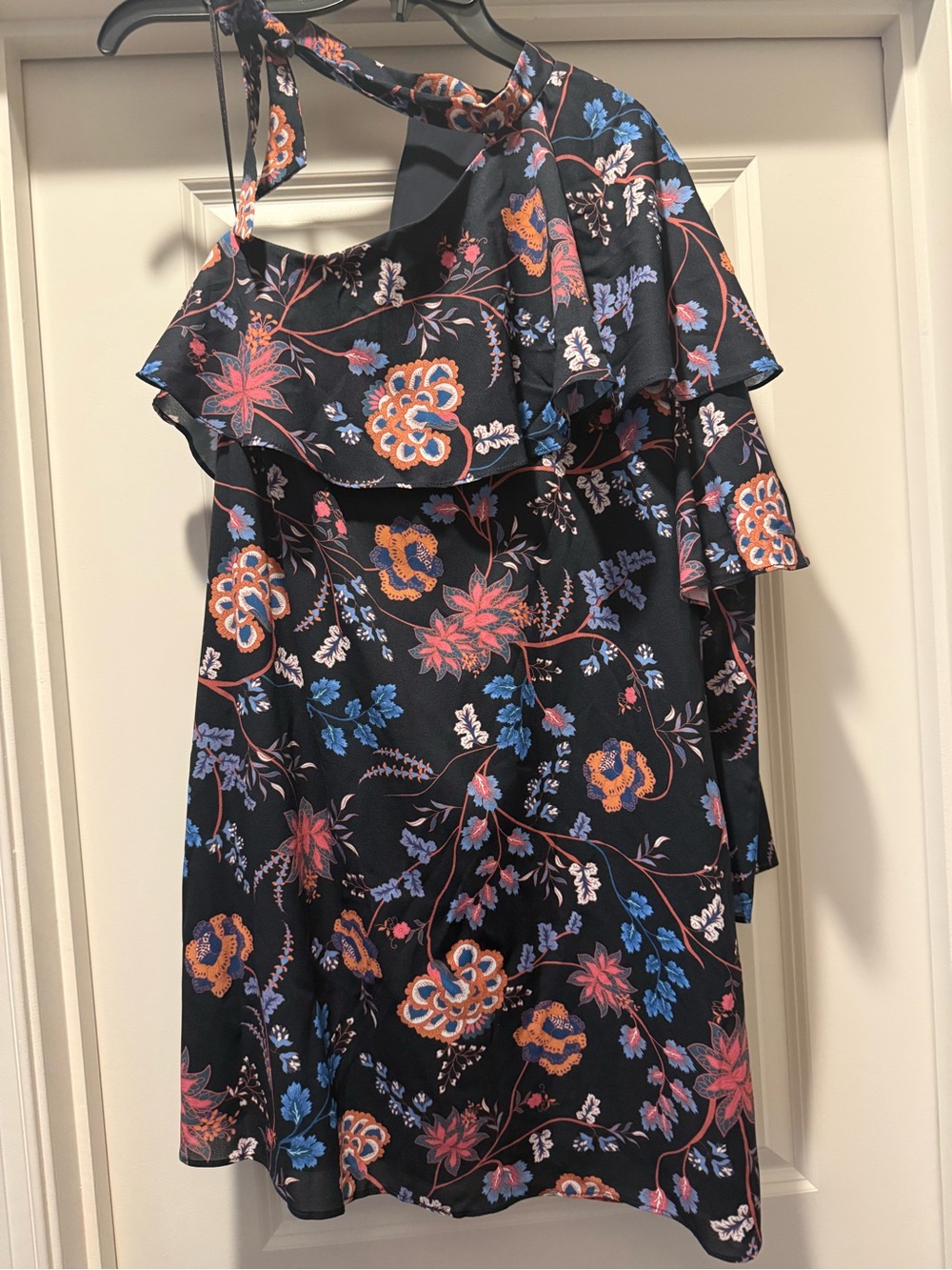 Ella Moss Black One-Shoulder Floral Ruffle Dress with Pink & Blue Accents